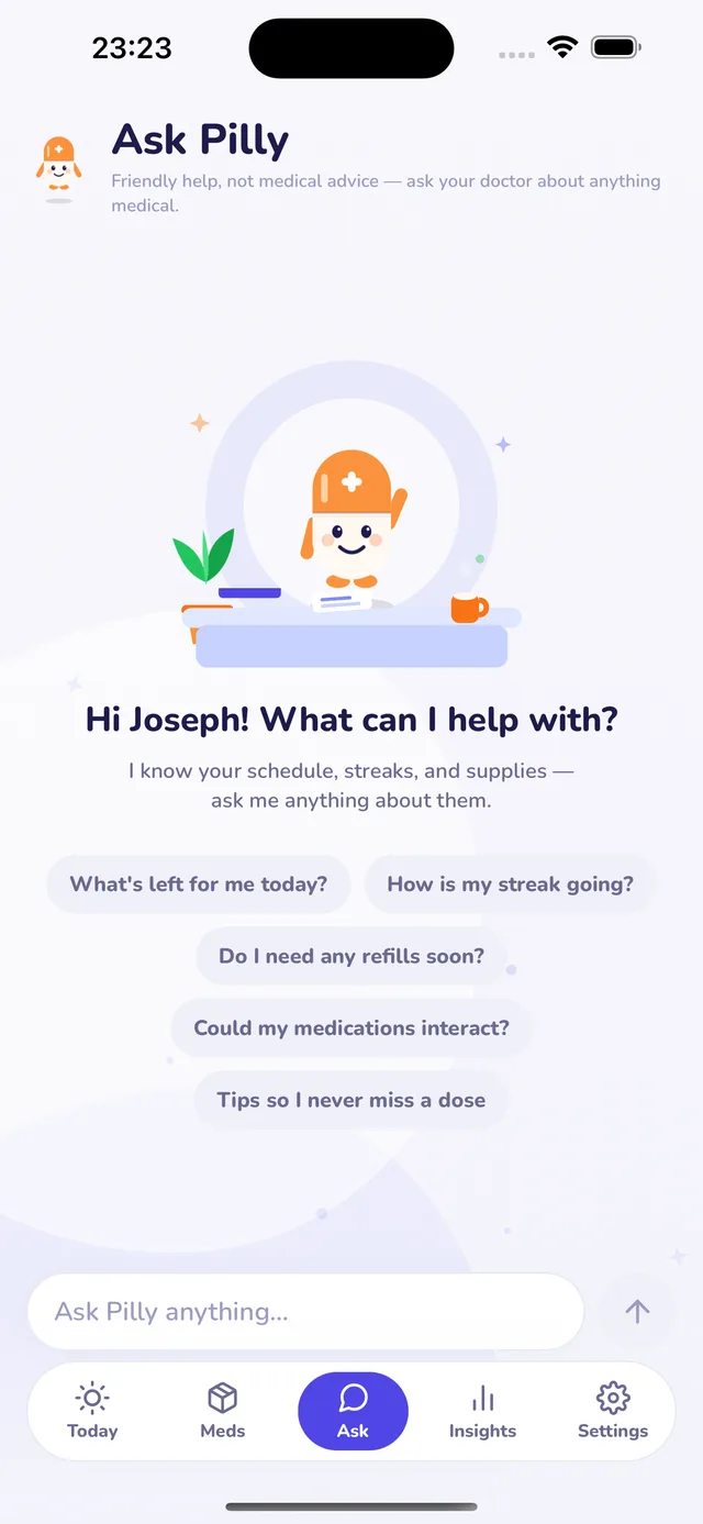 Ask Pilly — the AI assistant answering a question about the schedule